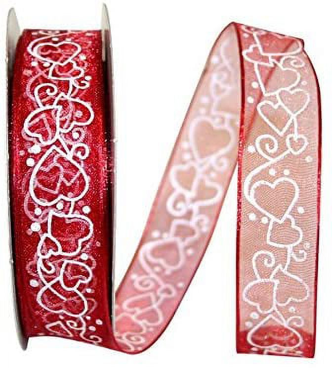 Wire Edged Jumbled Hearts Sheer Red and White Valentine Ribbon 7/8 20 Yards